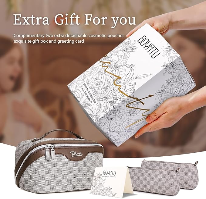 BOYATU Travel Makeup Bag Cosmetic Bags for Women: Large Make up Bags Set of 3 - Portable Makeup Organizer with Compartments&Handle&Divider - Waterproof PU Leather Toiletry Bag(02-Light Brown)