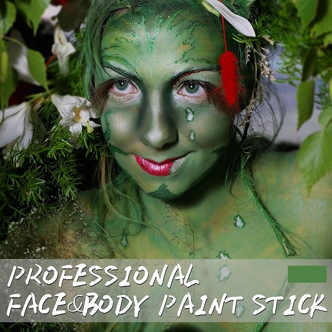 Green Face Body Paint Stick, Football Baseball Eye Black Stick, Waterproof Full-Coverage Green Face Makeup for Halloween Witch Alien Camo Frankenstein Cosplay Makeup