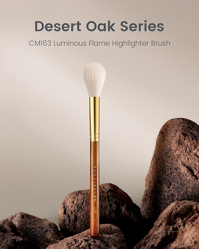 Desert Oak Series Luminous Flame Highlighter Brush - Natural Goat Hair Bristles for Precise Highlight & Blush, Luxury Bubinga Wood Handle (CM 163)