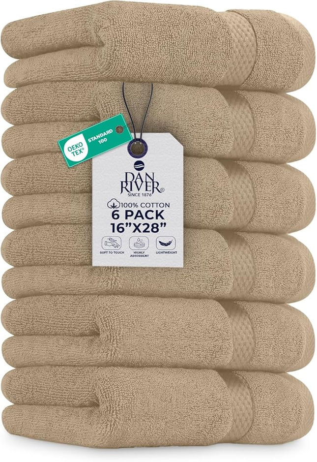 DAN RIVER 6-Pack Premium Hand Towels (16x28 Inches) - 100% Cotton, Ultra Soft, Lightweight, Highly Absorbent Towels for Bathroom, Spa, Gym, Salon, Hotel, and Travel - Tan