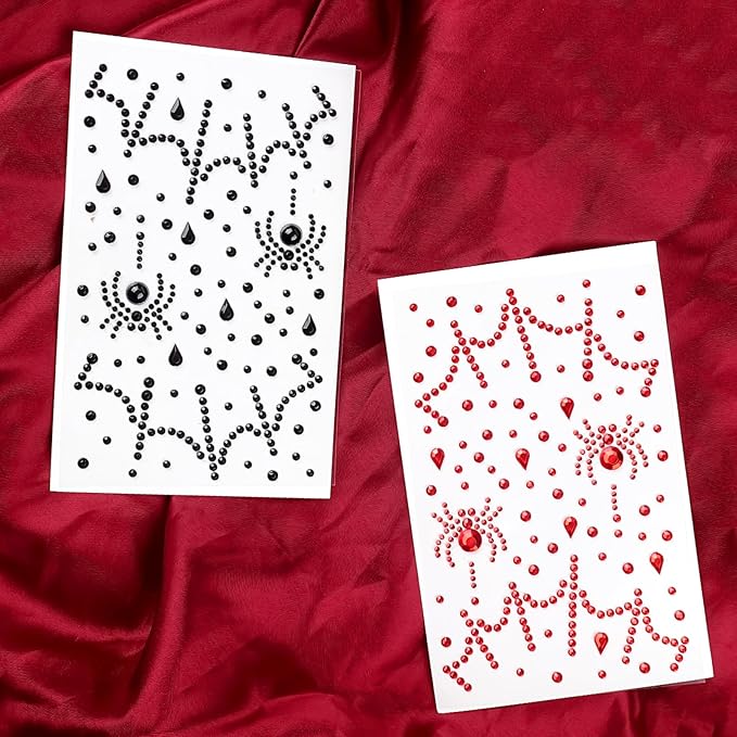 Red Black Face Gems, Halloween Face Rhinestone Makeup Festival Face Jewels, Spider Web Witch Scars Stick On Gems, Self-Adhesive Rhinestone Set for Halloween Cosplay