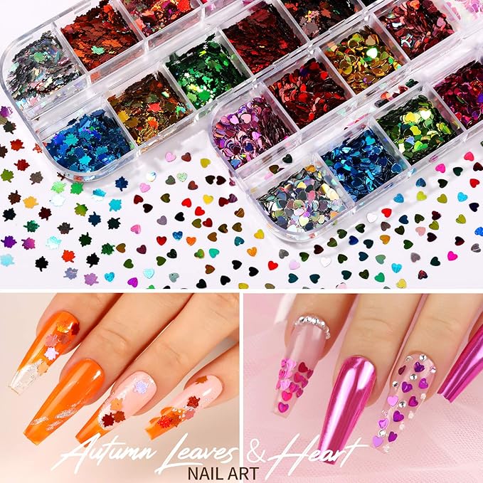 Teenitor 12 Sheets Nail Art Sticker 3D Self-Adhesive, Nail Art Decoration with 5 Boxes Holographic Nail Art Glitter Flakes Butterfly Heart Star Maple Leaf Nail Sequins and Nail Art Flower Slices