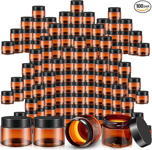 SATINIOR 100 Pcs Plastic Jars with Lids Small Containers Lids Wide Mouth Small Plastic Containers for Lotion Cream Rhinestones Body Butters Travel Storage(8 oz, Amber)