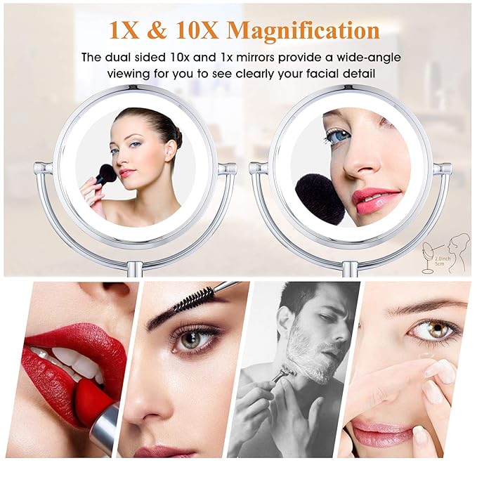 GURUN 8.5 Inch Tabletop LED Lighted Makeup Mirror with 10x Magnification Double Sided Vanity Mirror Plug Power Chrome Finish M2208D(8.5in,10x)