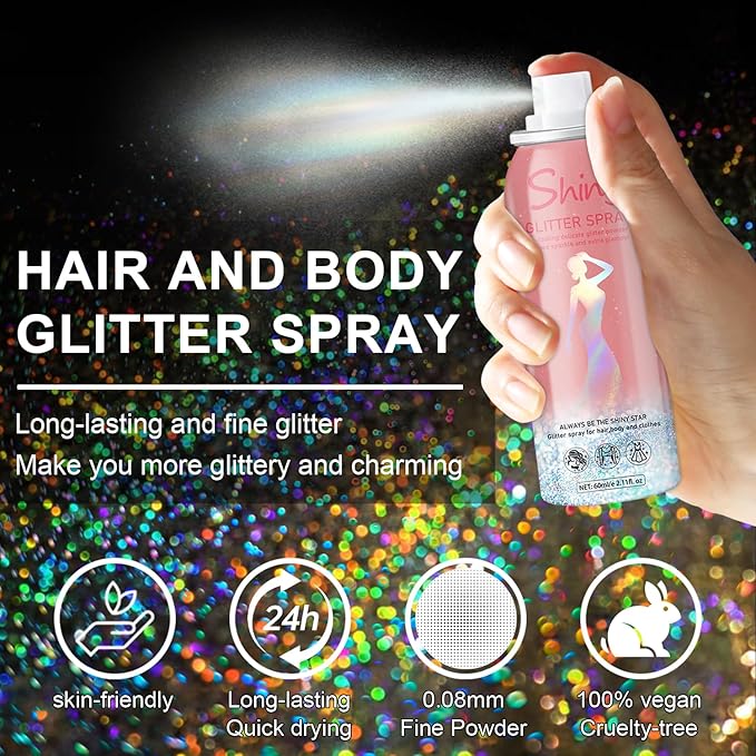 Hair and Body Glitter Spray – Holographic Body Glitter, Long-Lasting Quick-Dry Silver Glitter Hairspray, Shimmer Spray for Face, Clothes, Festival, Rave, Stage, Prom Party Makeup