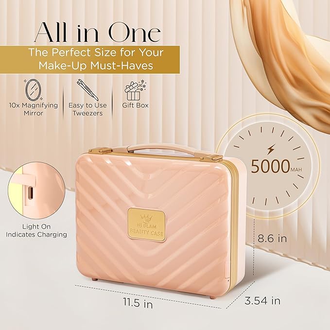 Travel Makeup Case with LED Mirror - Durable Makeup Case with Lighted Mirror with 3 Adjustable Light Settings - Rechargeable Makeup bag with light up Mirror - Mini 10x mirror included