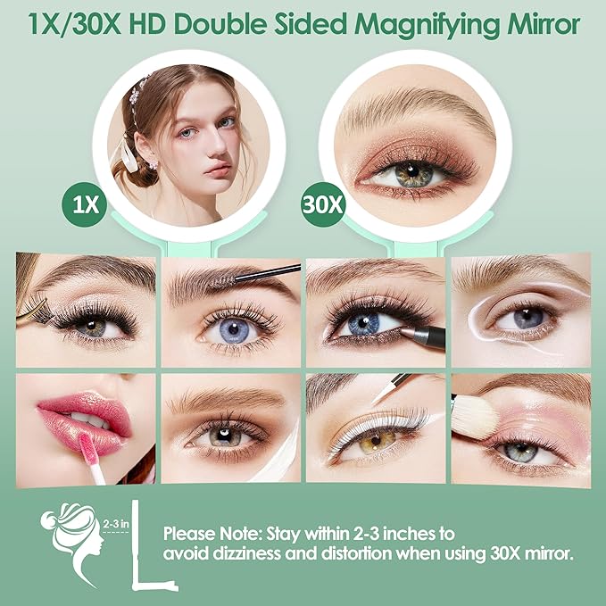 MIYADIVA Magnifying Mirror with Light, Double Sided 30X/1X Lighted Travel Makeup Mirror with Magnification, 3 Color Lighting, Dimmable Touch Screen, Adjustable & Foldable Hand Mirror (Green)