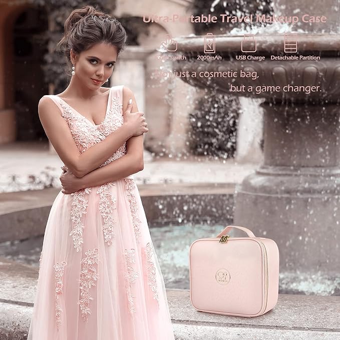 MOMIRA Travel Makeup Bag Cosmetic Bag Makeup Organizer Bag with Lighted Mirror, Adjustable Brightness in 3 Color Scenarios, Waterproof Makeup Train Case, Gift for Women - Phosphor