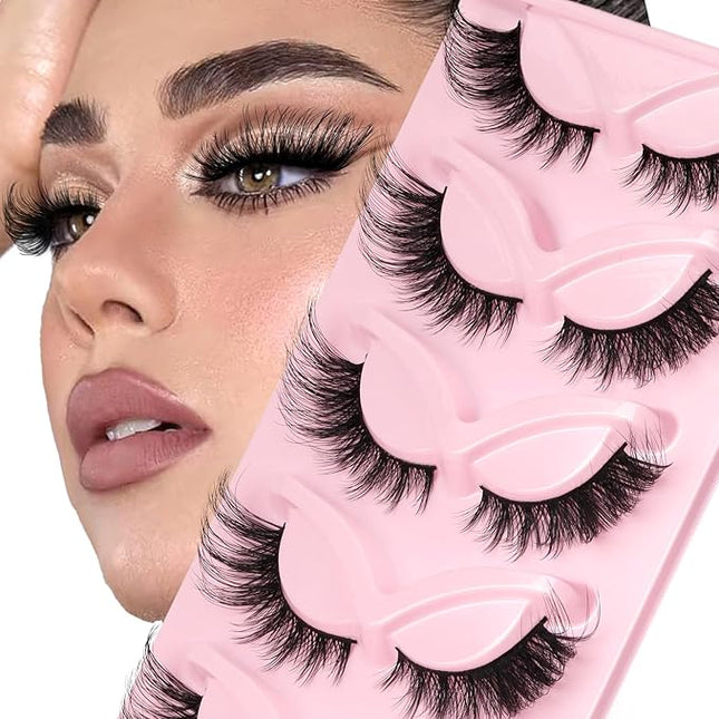 Veleasha Cat Eye Lashes Fluffy Fox Eye Lashes Natural Crisscorss False Eyelashes Faux Mink Lashes Wispy & Lightweight C Curl Lashes 5 Pairs Pack (Fluffpurr)