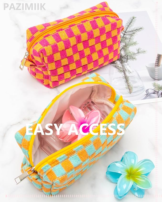 PAZIMIIK Checkered Makeup Bag for Purse Portable Zipper Make Up Pouch Small Cosmetic Case for Travel Accessories Orange Green