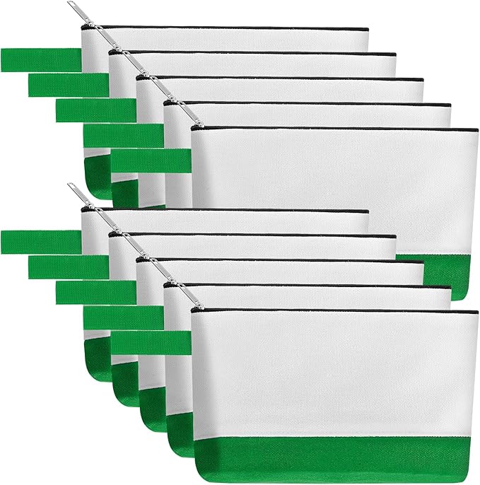 10 Pieces Cotton Canvas Makeup Bag with Bottom and Strap, Multi-Purpose Cosmetic Bag with Zipper Travel Toiletry Pouch, Blank DIY Craft Bag (White&Green, L)