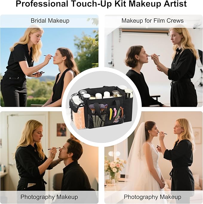 Travel Makeup Bag Small Cosmetic Bag Makeup Artist Bag Professional Touch Up Makeup Kit Bags with Detachable Dividers Multi Pocket Cosmetic Storage Organizer for Beauty Pros (Black)