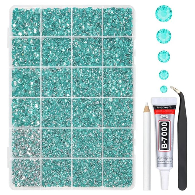 qiipii Aquamarine Resin Rhinestones w B7000 Glue for Bedazzling Crafting 2mm-6mm Lake Blue Flatback Stones Diamonds Crystals Gems Bedazzler Kit for Nails Face Eyes Makeup Tumblers Bottles Crafts Shoes