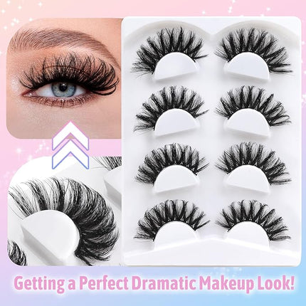 Losha 22mm Lashes Fluffy Eyelashes 5D Dramatic Long False Eyelashes Volume Faux Mink Lashes Wispy Fake Lashes that Like Lash Extensions 4 Pairs (Lifted)