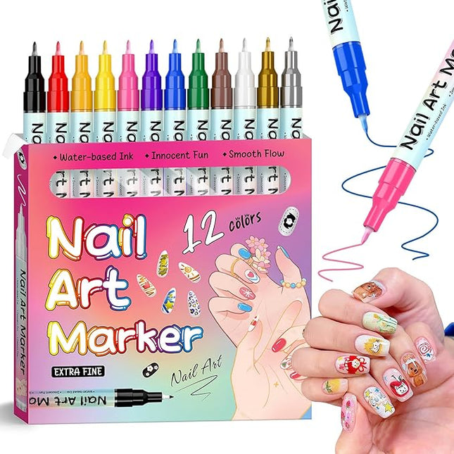 Gorvalin 12 Colors Nail Art Marker Pens, Water Based Nail Art Pens for Painting Nail Point Graffiti Dotting Liner Pen for Home Salon Quick Dry Manicure