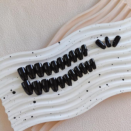 Black Press on Nails Medium Coffin Fake Nails Press ons, KXAMELIE Full Cover False Nails Tips Medium Length Glue on Nails Natural Thick Long Acrylic Nails 24Pcs Solid Color Coffin Nails for Women