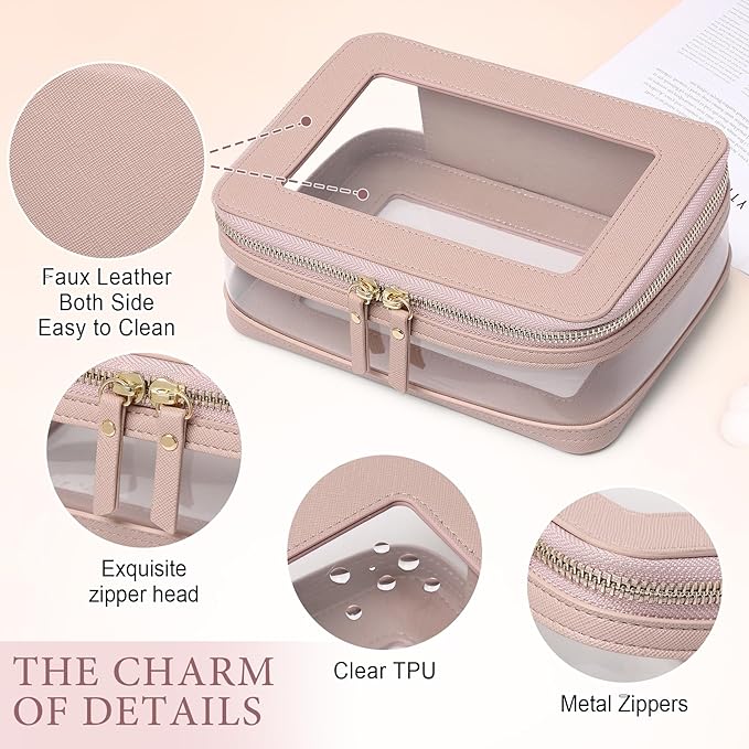Pinkmik Clear Makeup Bag with Zipper Waterproof Travel Makeup Set for Cosmetics and Toiletries Women's Purse Organizer and Car Essentials (Pink, M+MINI-1)