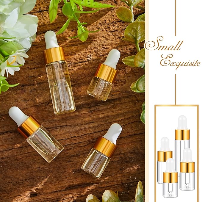 100 Pcs Mini Glass Oil Dropper Bottle Bulk, Clear Essential Small Empty Bottles Sample Containers Perfume Liquid Vials with Cap for Traveling (1ml,2ml,3ml,5ml,Gold)