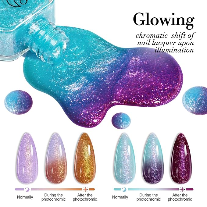 AZUREBEAUTY Sunlight Color Changing Nail Polish Set Quick Dry Blue Purple Mermaid Series 2 Colors Spring Summer Nail Lacquer Natural Fingernail Kit DIY Women Gifts 0.34oz