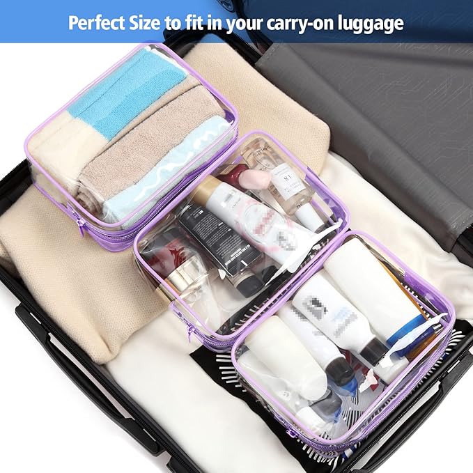 PACKISM Clear Toiletry Bag - 3 Pack Quart Size TSA Approved Toiletry Bag, Travel Makeup Cosmetic Bag for Women Men, Carry on Airport Airline Compliant Bag, Purple