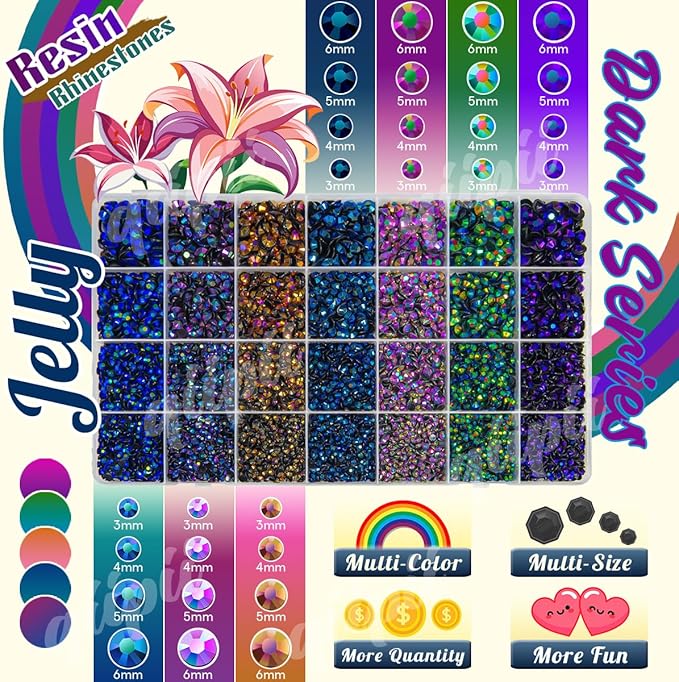 28 Types Colorful Black AB Resin Rhinestones w B7000 Jewelry Glue for Bedazzling Crafting 3-6mm Flatback Stones Gems Diamonds for Nails Face Eyes Makeup Crafts Tumblers Bottles Clothes Shoes