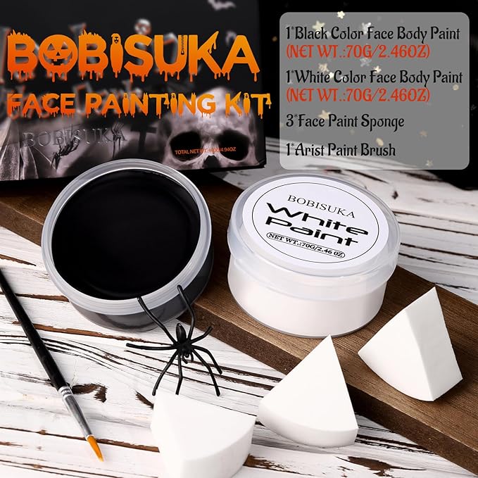 BOBISUKA Halloween Black and White Face Body Paint Set Oil Based Face Painting Kit for Adult Non Toxic Large Capacity Facepaint for Cosplay Clown Skeleton Vampire Special Effects Makeup