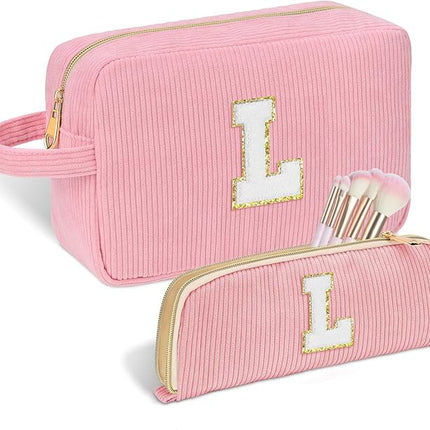 Personalized Initial Makeup Bag Trendy Stuff Corduroy Cosmetic Bag Travel Toiletry Bag, Valentine’s Day Gift Makeup Organizer Case & Makeup Pouch for Women teen Girls Mom Girlfriend Wife