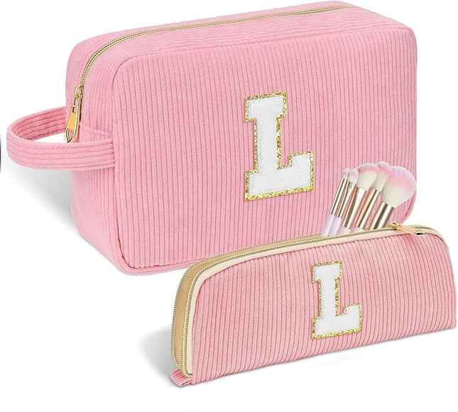 Personalized Initial Makeup Bag Trendy Stuff Corduroy Cosmetic Bag Travel Toiletry Bag, Valentine’s Day Gift Makeup Organizer Case & Makeup Pouch for Women teen Girls Mom Girlfriend Wife