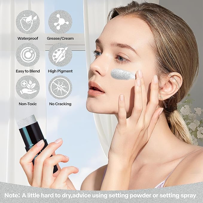 Go Ho Cream-Blendable Silver Face Paint (1.06 oz),Waterproof Metallic Silver Face Body Paint Stick for Halloween Costumes Cosplay SFX Makeup