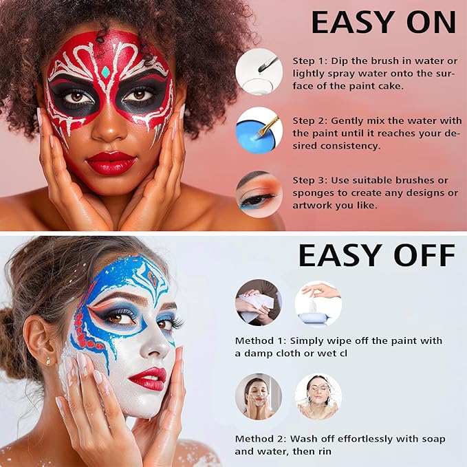 Water-Based Red White Blue Patriotic Face Body Paint Kit with Brushes for 4th of July, Halloween Cosplay and Sports Events