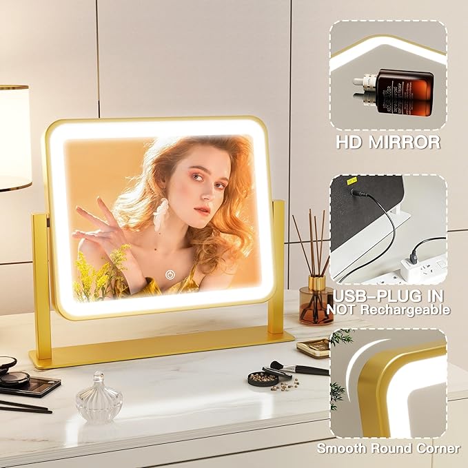 Gold Vanity Mirror with Lights, 14"×12" LED Makeup Mirror, Lighted Makeup Mirror with Lights, Smart Touch Control 3 Colors Dimmable, Lighted Up Mirror for Makeup Desk, 360° Rotation