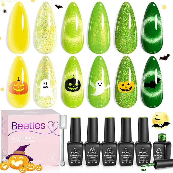 Beetles Green Halloween Gel Nail Polish Set, Fall Gel Polish Nail Kit 6 Colors Yellow Glitter Cat Eye Jelly with Cat Eye Magnet Gifts for Women DIY Manicure Art Summer Beats