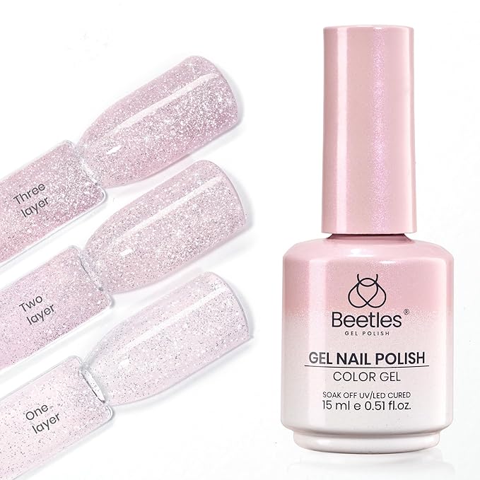 Beetles Glitter Pink Gel Nail Polish - 15ML Soft Glow Fragments Pink Nude Natural Glitter Gel Polish Soak Off UV French Nail Art Salon DIY Manicure Colorful Bottle Gift for Women