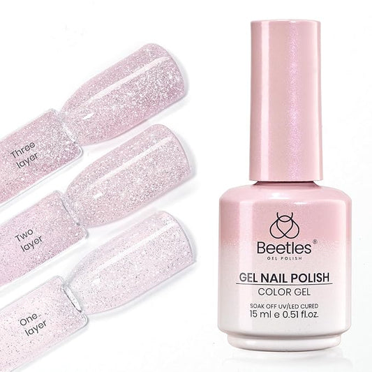 Beetles Glitter Pink Gel Nail Polish - 15ML Soft Glow Fragments Pink Nude Natural Glitter Gel Polish Soak Off UV French Nail Art Salon DIY Manicure Colorful Bottle Gift for Women