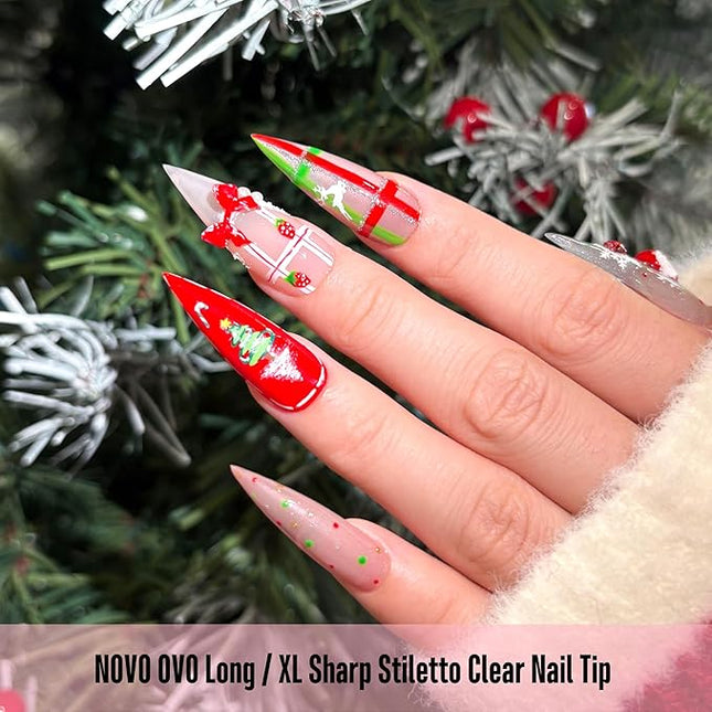 NOVO OVO Long XL Sharp Stiletto Pointed Nail Tips Press on, Extra Long Thick Soft Gel Double Matte Clear Fake Nail Extension, Full Cover False Nails for Acrylic, for Salon DIY x 16 Sizes 480 pcs