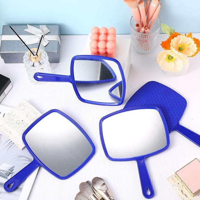 Geetery 12 Pcs Hand Held Mirrors with Handles Hand Makeup Mirrors Bulk Wall Mount for Women Cosmetic Bathroom Home Barber Salon Travel Portable Beauty School Gift, 6.69 x 9.45 Inch (Blue)