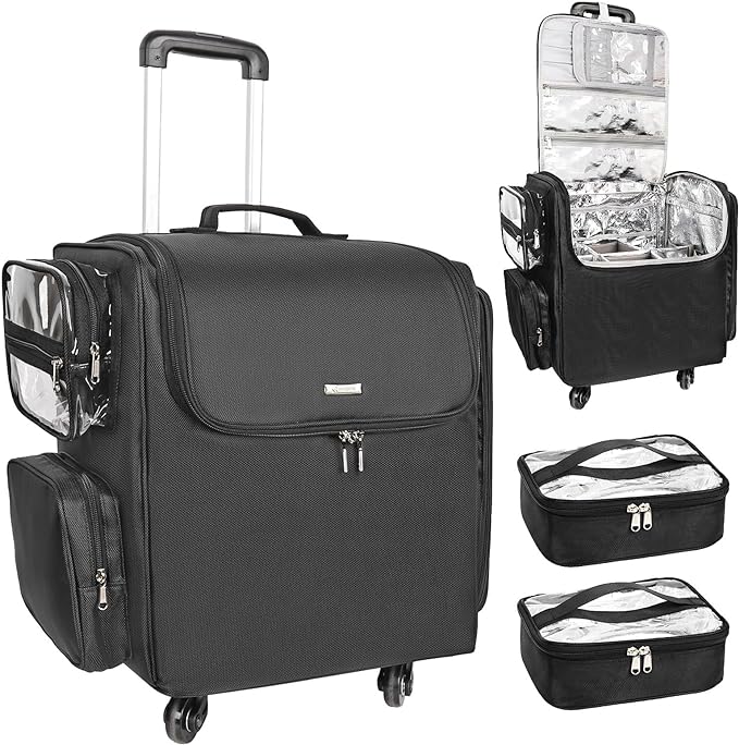 Relavel Rolling Makeup Train Case, Hairstylist Traveling Bag with 4 Wheels, Heat Insulation Full Layer, Adjustable Dividers, Hair Tools and Cosmetics Storage Organizer Trolley Suitcase Makeup Cart