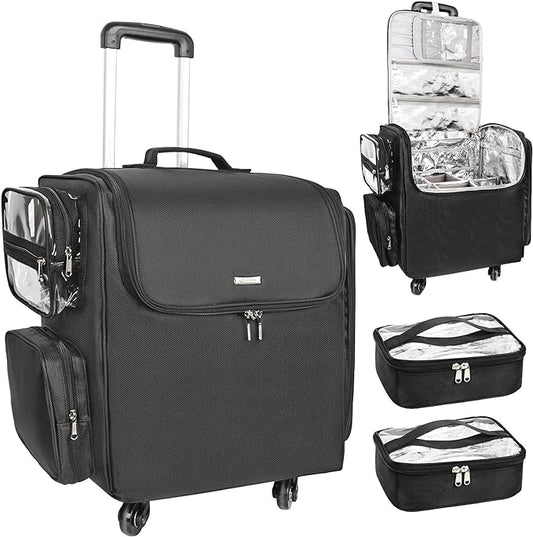 Relavel Rolling Makeup Train Case, Hairstylist Traveling Bag with 4 Wheels, Heat Insulation Full Layer, Adjustable Dividers, Hair Tools and Cosmetics Storage Organizer Trolley Suitcase Makeup Cart