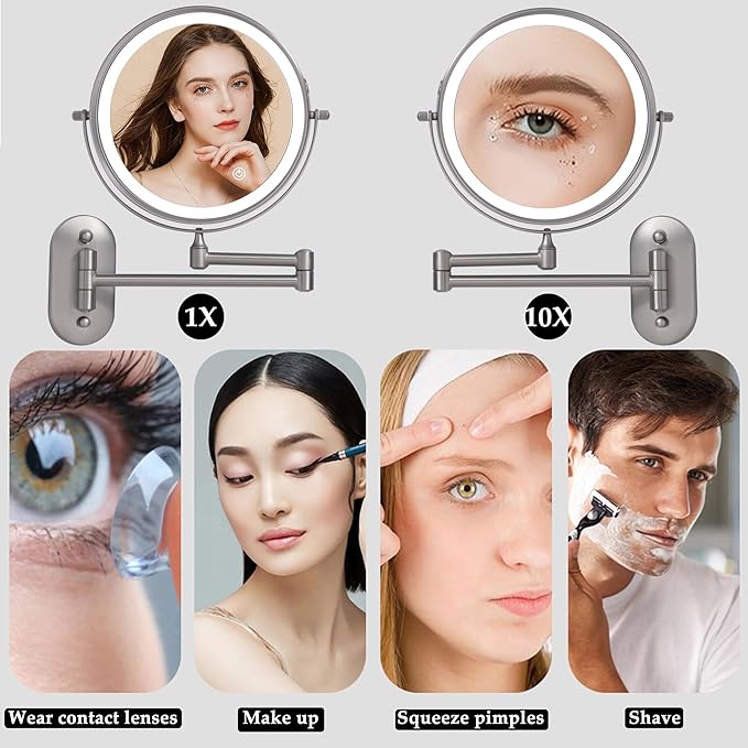 Rechargeable Wall Mounted Lighted Makeup Vanity Mirror with 10X/1X Magnification for Shaving, 8Inch Brushed Nickel Magnifying Mirror Makeup Wall Mounted with Light,13 Inch Extendable (8CB-N10X)