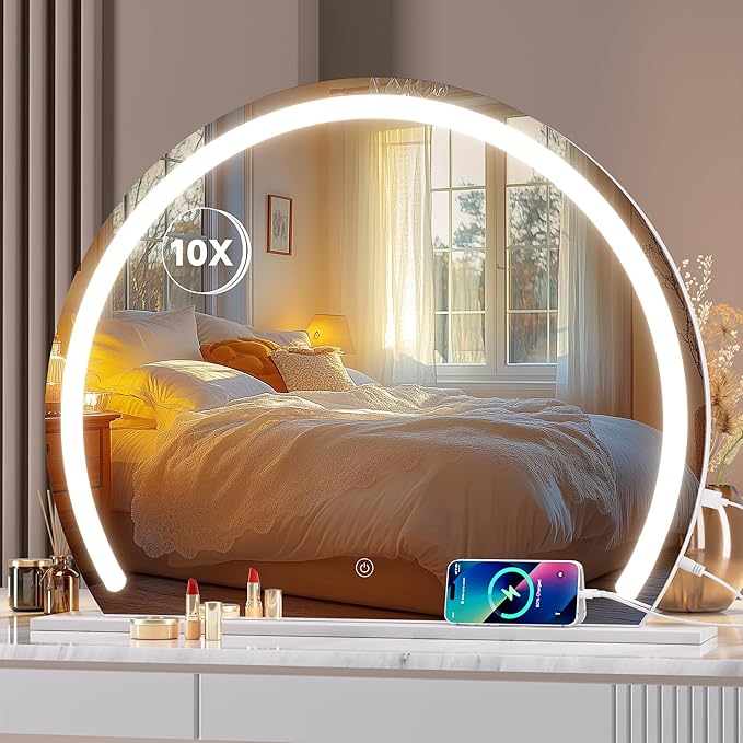 Hasipu Vanity Mirror with Lights, 22.8" x 18.1" LED Makeup Mirror, Lighted Makeup Mirror with Lights, Smart Touch Control 3 Colors Dimmable Mirror 360°Rotation USB Port White