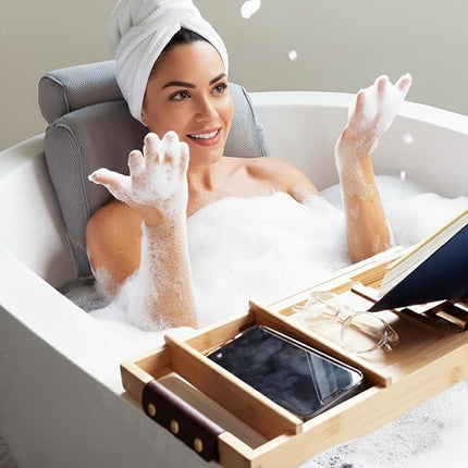 Everlasting Comfort Luxury Bath Pillows for Tub with Head and Neck Support - Non-Slip Bathtub Pillow with Suction Cups, Quick-Drying Mesh & Drying Hook - Jacuzzi & Spa Accessories for Women - Gray