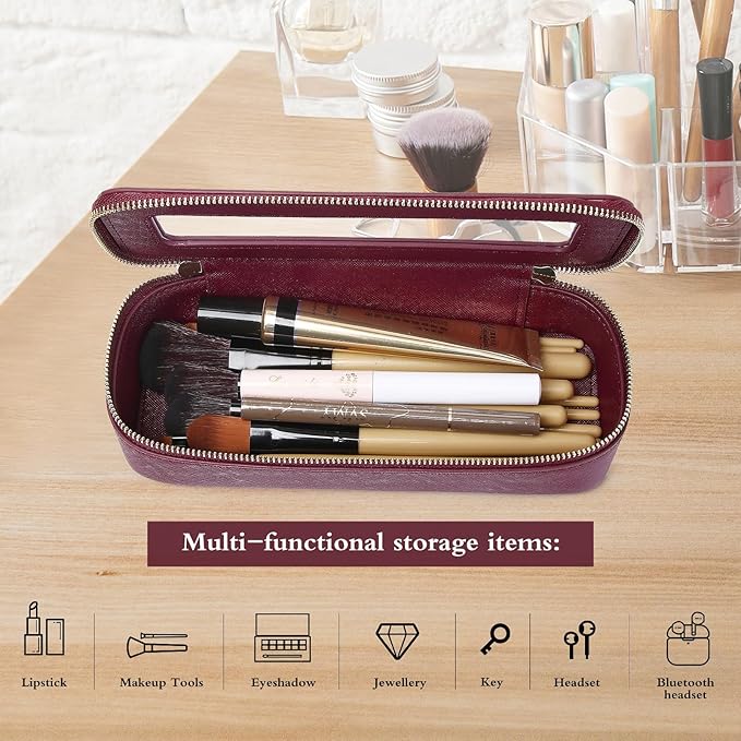 Pinkmik Makeup Brush Case Clear Travel Cosmetic & Toiletry Bag Small Makeup Bag with Zipper Purse Organizer Car Essential Bag for Women (X/Burgundy, SLIM)