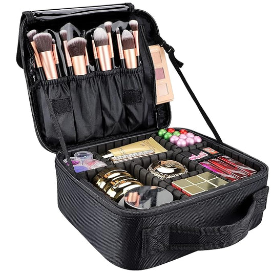 gzcz Travel Makeup Bag,10.4 Inches Portable Makeup Case Cosmetic Train Case Organizer Artist Storage Bag With Adjustable Dividers For Cosmetics Brushes Toiletry Jewelry Digital Accessories (Black)