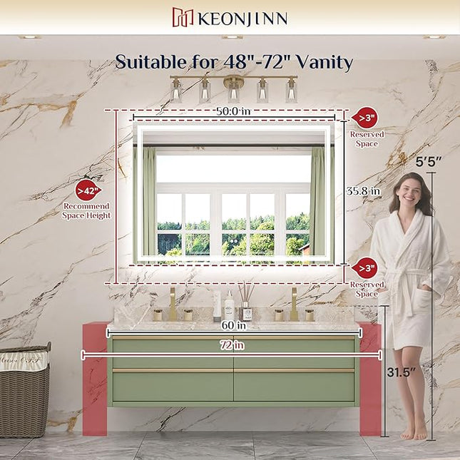 Keonjinn 50" x 36" Bathroom LED Mirror, Front & Back Lighted Mirror for Bathroom Wall, Tempered Glass, Safe Defogger, 3 Color Temperature, Dimmable, Memory Function, Light Up Vanity Mirror
