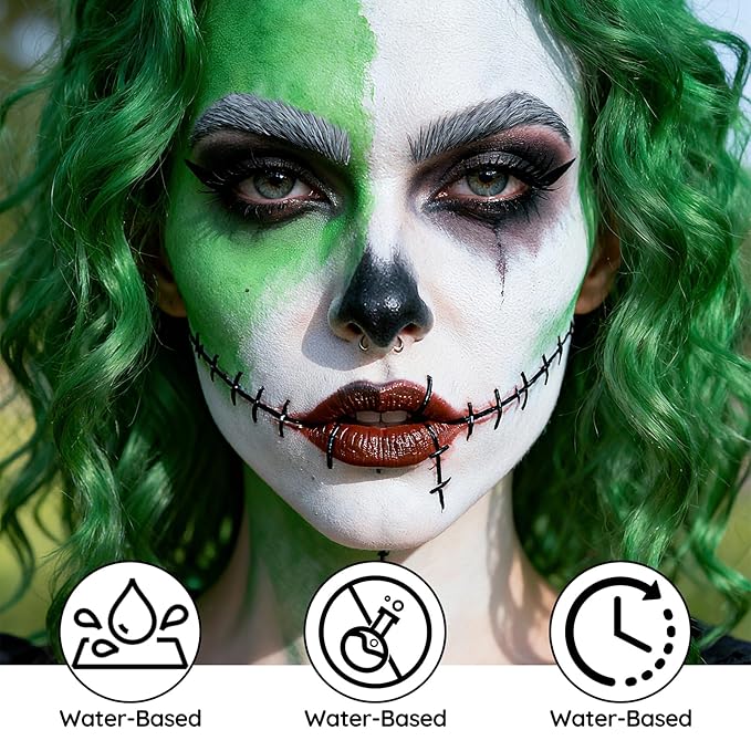 Black White and Green Face Paint - Water-Based Non-Toxic Face Body Paint Kit for Witch Hulk Makeup, Full Coverage Washable Cream for Halloween Cosplay, Costume Parties, Stage Performances