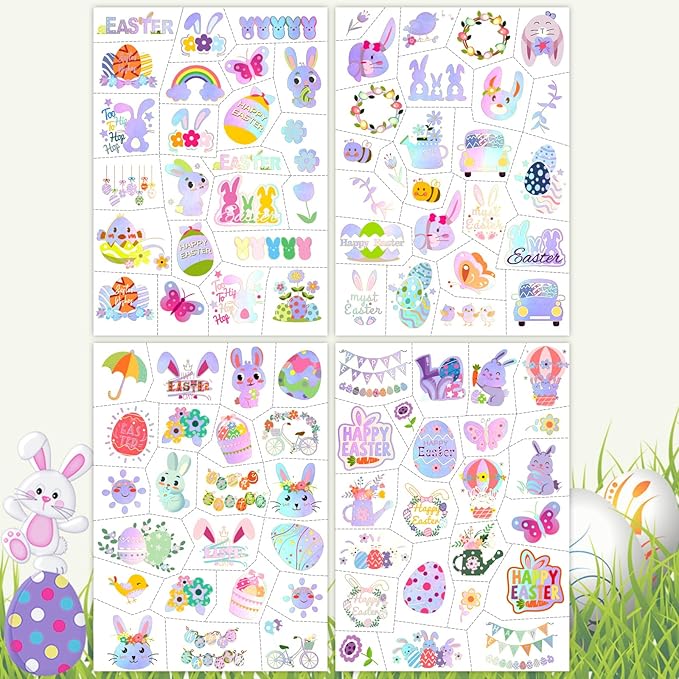 Metuu Easter Temporary Tattoos For Easter Basket Stuffers, 95 Pcs Foil Glitter Style Fake Tattoos For Easter Party Decorations, 4 Sheets Bunny Egg Butterfly Colorful Tattoos for Kids Adults