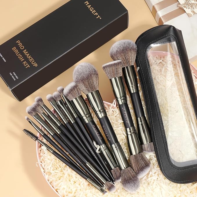 MAGEFY Makeup Brushes 12Pcs with Bag, Double-End Multi-functional for Foundation Powder Blush Eyeliner Eyeshadows brushes with Gift Box,Black