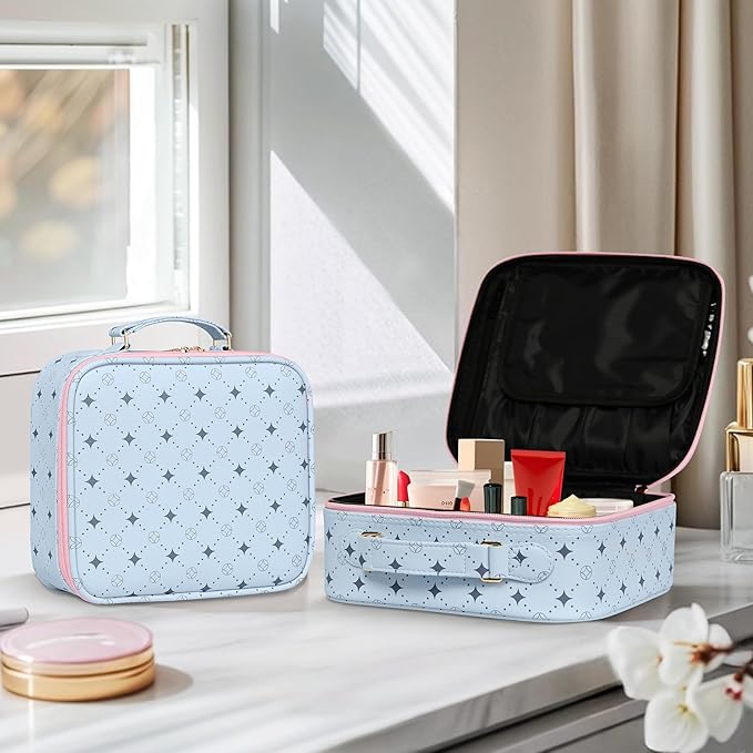 Travel Makeup Bag,Waterproof Cosmetic Organizer, Adjustable Dividers,Portability Cosmetic Train Case,Makeup organizer,Gift for Women,Girls Gift (Blue+Pink)