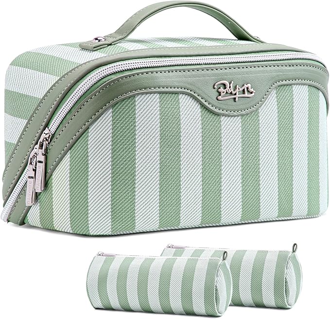 BOYATU Travel Makeup Bag for Women: Large Cosmetic Bag Set of 3 - PU Leather Make up Bag with Compartments - Compact Waterproof Toiletry Bag with Divider & Handle (A-05Green)