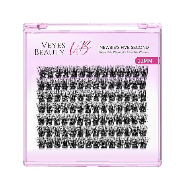 VEYESBEAUTY Lash Clusters Individual Eyelash Extensions Thin & Invisible Band DIY False Eyelashes for Self-application Newbie's Five-Second Series Wispy Lash Tray, Dreamy 12mm Single Length